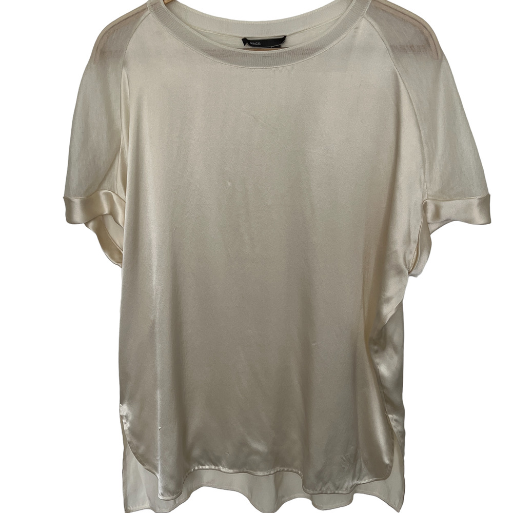 Vince Cream 100% Silk Mixed Material Short Sleeve Oversized Blouse M
